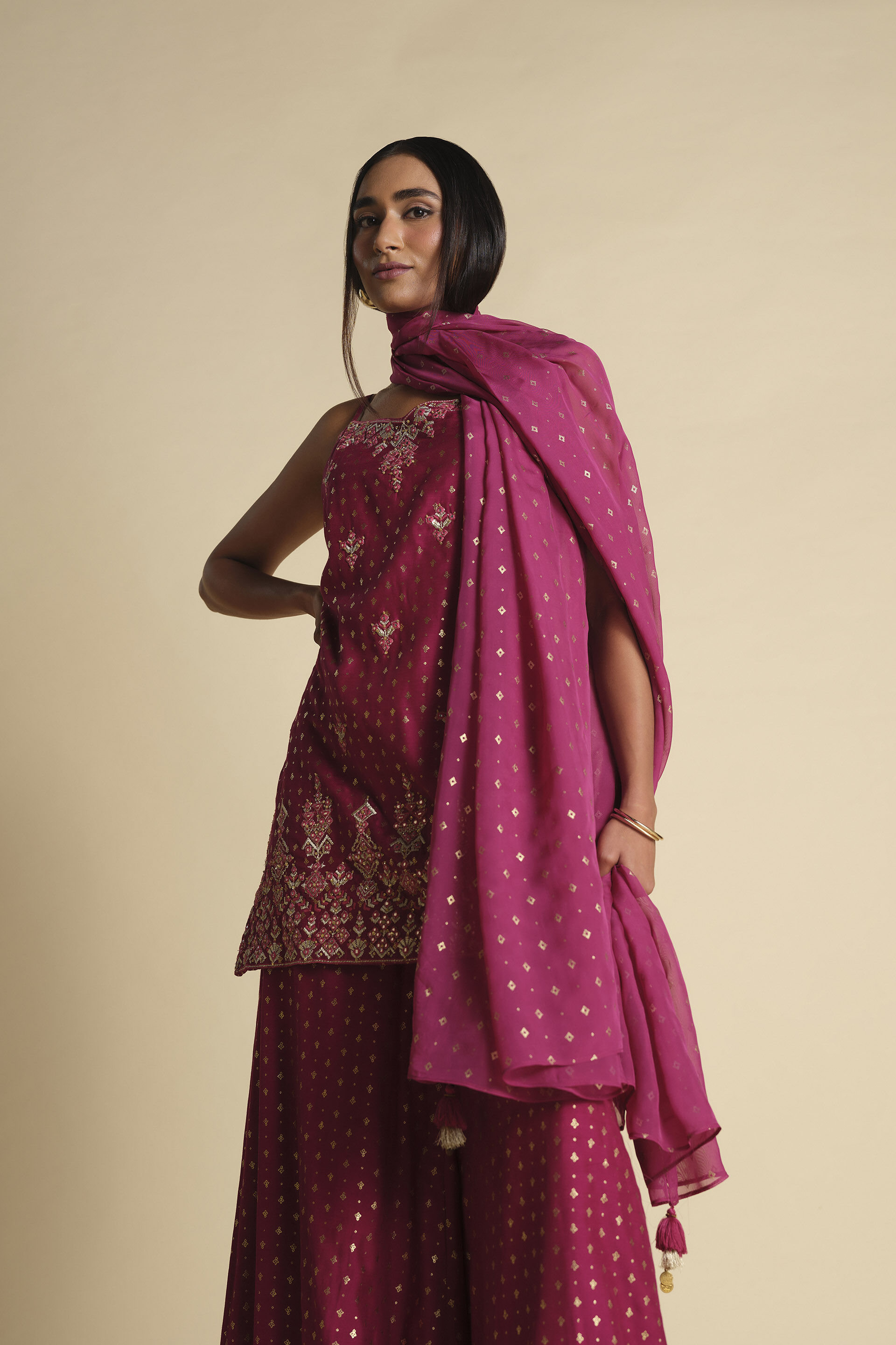 Burgundy Silsila Kurta Set, Wine, image 5